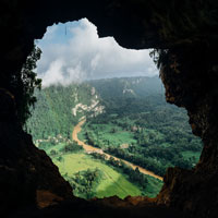 Cave view overlooking river and forest